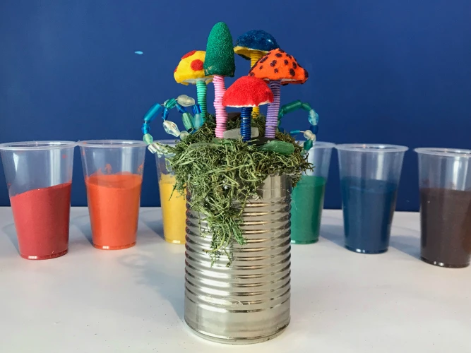 Art Teacher Nichole Hahn created this colorful canned mushroom art as her entry to the ACTIVA Products Mystery Box Contest.  Get the lesson plan in this post.